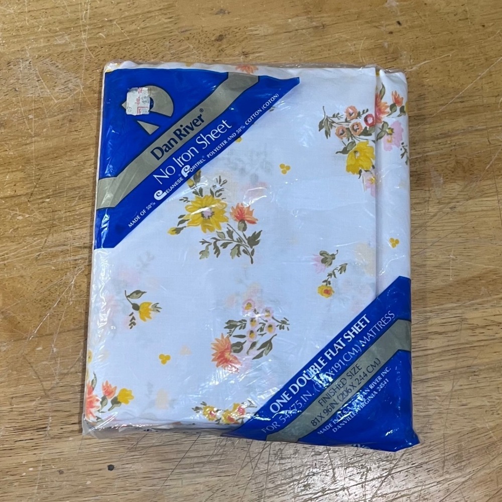 Vtg Dan River Floral Double Flat Sheet 70s Cottagecore Retro Yellow Orange NEW
